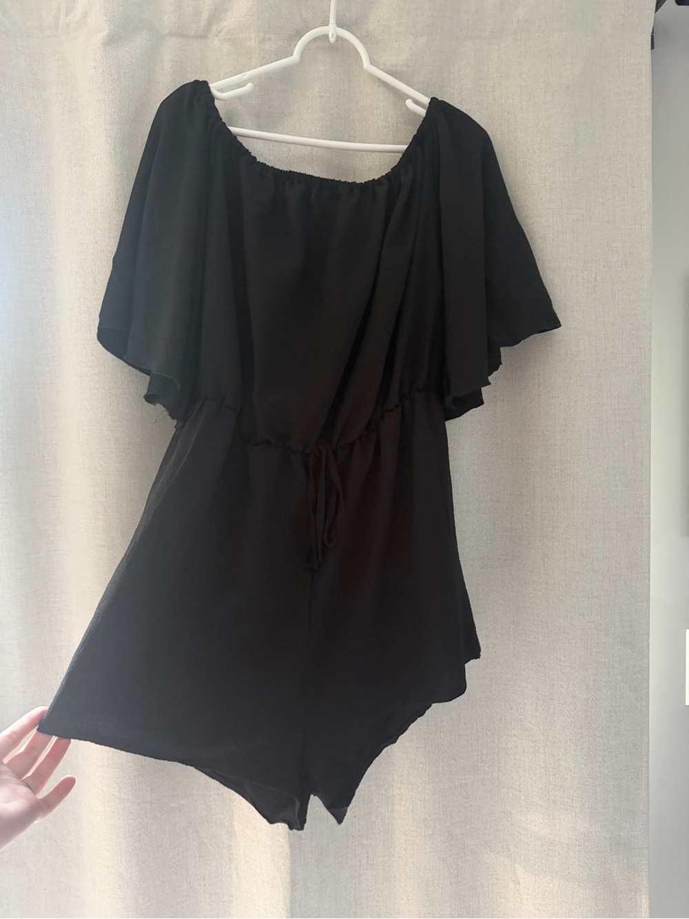 Black Off Shoulder Flowy Sleeve Romper
